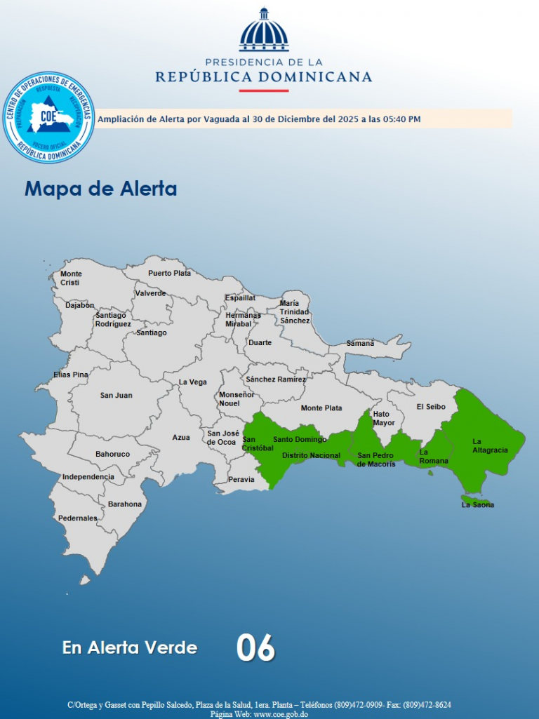 COE amplía alerta verde para 6 provincias y el Distrito Nacional por vaguada y sistema frontal