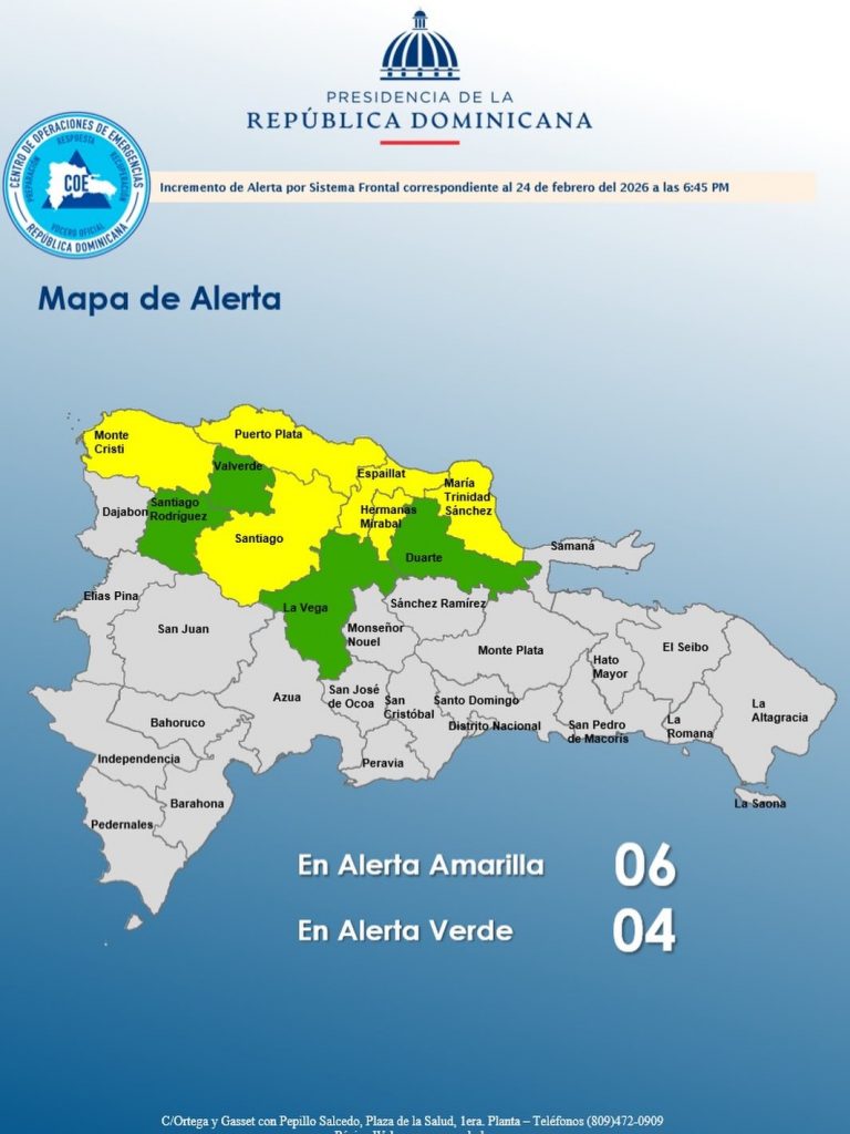 COE coloca 6 provincias en alerta amarilla y mantiene 4 en verde por lluvias