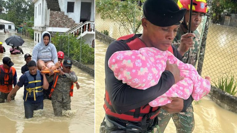 Soldados y socorristas rescatan mujer recién parida quedó atrapada en vivienda tras inundaciones en Sabaneta de Yásica