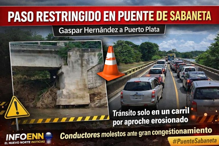 Paso restringido en puente de Sabaneta genera caos vehicular entre Gaspar Hernández y Puerto Plata